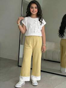 2pcs/Set Tween Girls' Summer Casual Tea Party Outfit,White Bow Decor Raglan Sleeve Knit T-Shirt And Yellow Striped Textured Straight Leg Pants - Yellow - View 6