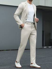 Manfinity Mode Men's Solid-Color Lapel Casual Formal Suit Set,Linen Fabric,Men's Lightweight, Breathable And Cool For Spring Summer,Slim Fit Men Suits Elegant Outfit, Ceremony - Light Grey - View 4