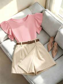 SHEIN LUNE 女款兩件套，隱藏造型技巧，黑色荷葉袖上衣凸顯肩頸 + 高腰迷你裙修飾身形，搭配棕色皮革腰帶優化比例，適合通勤/約會/街頭，甜美酷帥且俐落。春季女裝，通勤穿搭，約會洋裝，成熟風格套裝，日常休閒百搭 - 粉色 - 查看 8