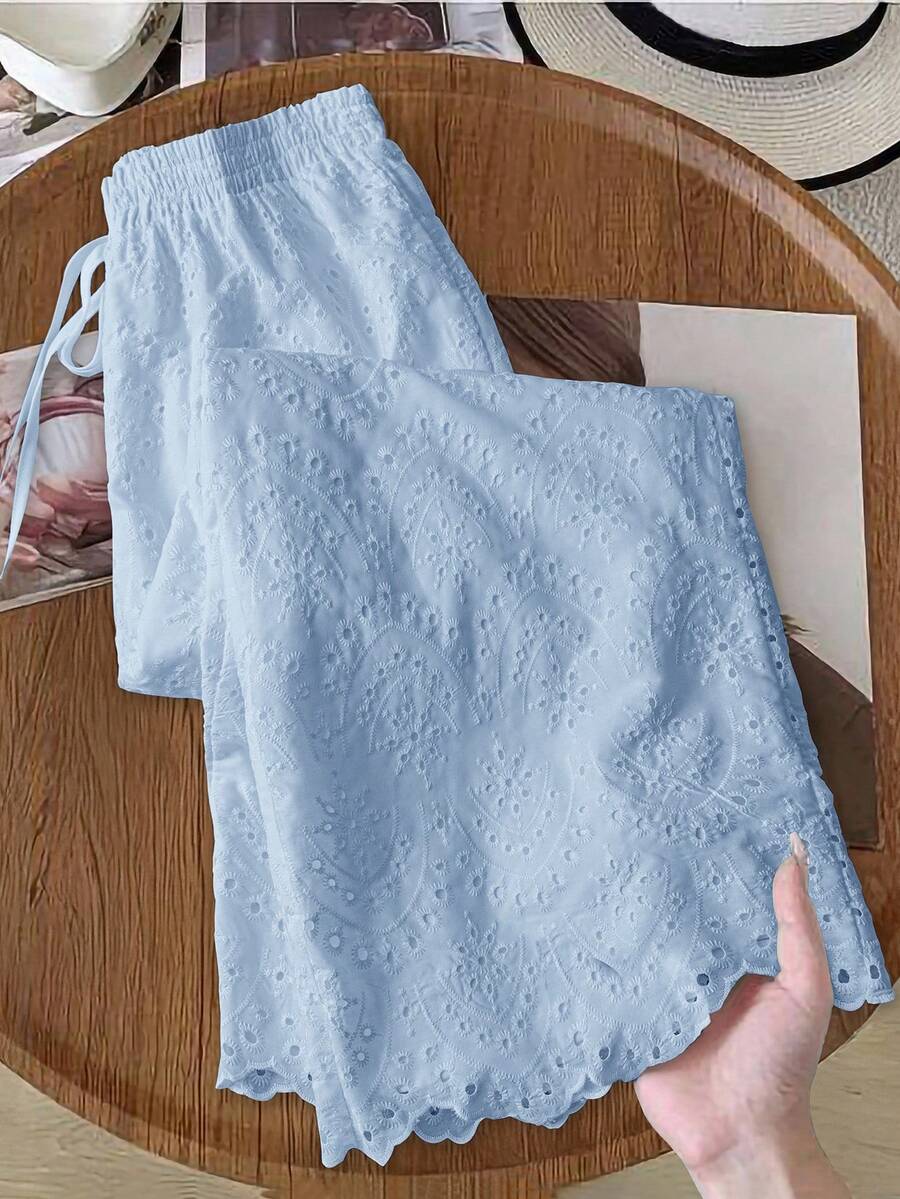 SHEIN LUNE Plus Size Woven Embroidered Casual Vacation Pants, Spring/Summer - Baby Blue - View 1