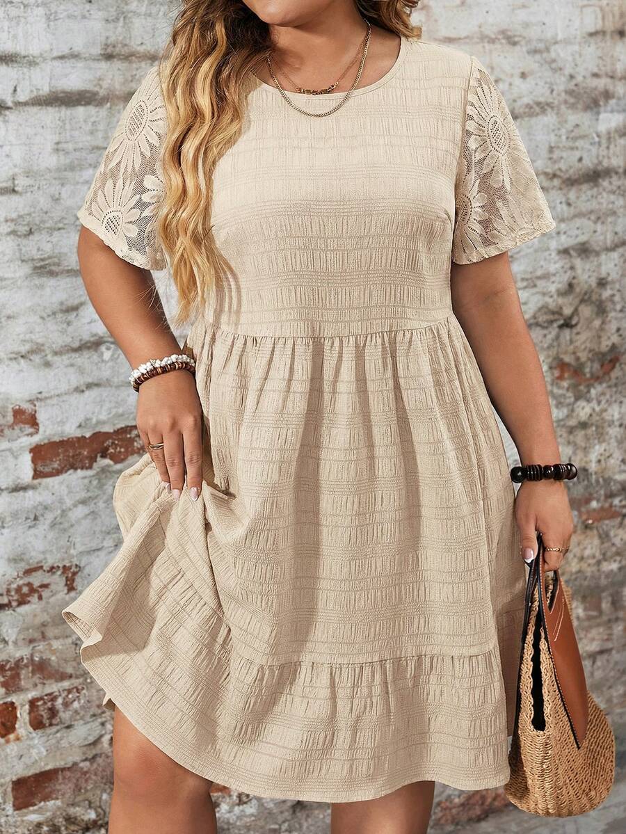 SHEIN LUNE Plus Size Solid Color Round Neck Embroidered Casual Short Sleeve Dress, Summer - Apricot - View 1