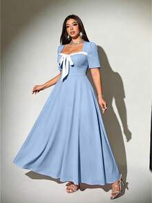 Viva Relle Plus Size Square Neck Twist Color Block Elegant Short Sleeve Dress - Baby Blue - View 5