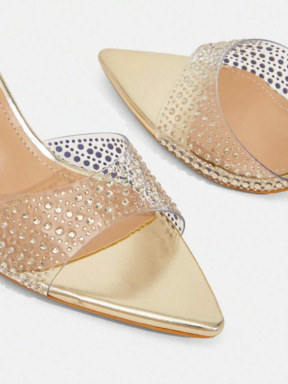CUCCOO TILAWA Women's Fashion Pointed Gold Rhinestone TPU Material High Heel Sandals, Commuting, Street, Party, Vacation, Spring And Summer, Slippers