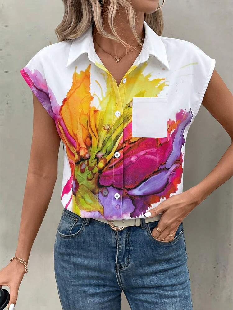 Blusa con botones y manga larga con estampado de personaje de dibujos animados, blusas de manga corta - Blanco - Añade 6