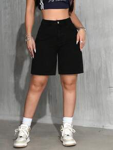 Jeanoix Plus Size Women Spring Casual Blue Non-Stretch CowgirlBermuda Shorts - Black - View 4