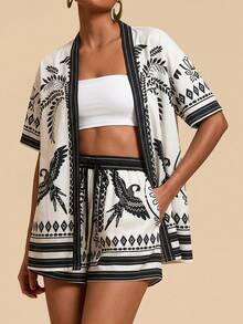 Travachic Conjunto casual de 2 piezas para mujer con camisa de manga corta con botones y estampado de hojas y pájaros, y shorts con cordón en la cintura - Beis - Ver 3
