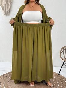 SHEIN CURVE+ Bộ đồ thường ngày cho nữ size lớn gồm áo quây camisole màu trơn, áo choàng màu trơn và quần ống rộng cạp chun - màu xanh lá - Xem 3