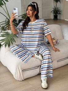 SHEIN EZwear 两件套加大码女式条纹撞色短袖圆领T恤和休闲裤套装 - 彩色 - 查看 5