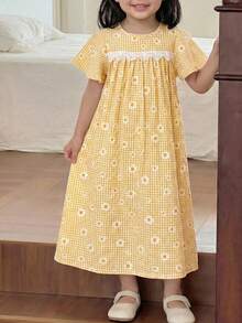 SHEIN Váy mùa hè dệt họa tiết hoa viền ren phong cách thường ngày cho bé gái - Màu vàng - Xem 3