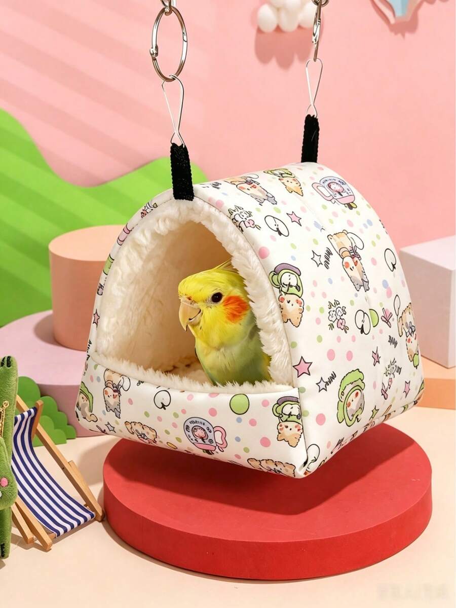 1 pieza Saco de dormir de triángulo con cobertura completa y estampado de dibujos animados para loros, hámsteres, pájaros pequeños en otoño e invierno - Gatito blanco - Ver 1