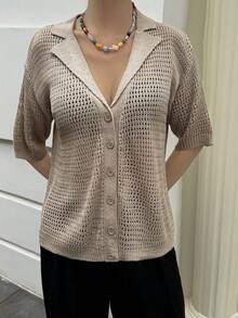 Livesso Cardigan estivo da donna color kaki, stile casual ampio per vacanze & pendolarismo, tessuto a maglia traforata, maniche corte con colletto stile scuola - Albicocca - Visualizzare 5