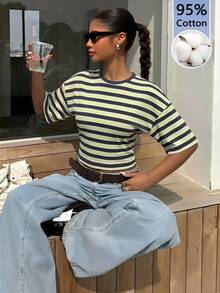 Muchica Women's Striped Print Round Neck Fitted Short Sleeve Top, Summer - White - View 5