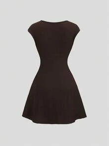 Sweetra Vintage Solid Color Front Tie Cap Sleeve Casual Dress - Coffee - View 2