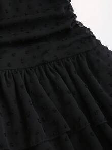 Sweetra Vestido Feminino Preto com Poá, Verão, Gótico, Festa de Aniversário, Feriado, Doce, com Alças com Babados, Saia de Tule Assimétrica em Camadas, Gola Quadrada e Cintura Marcada - Preto - Visão 7