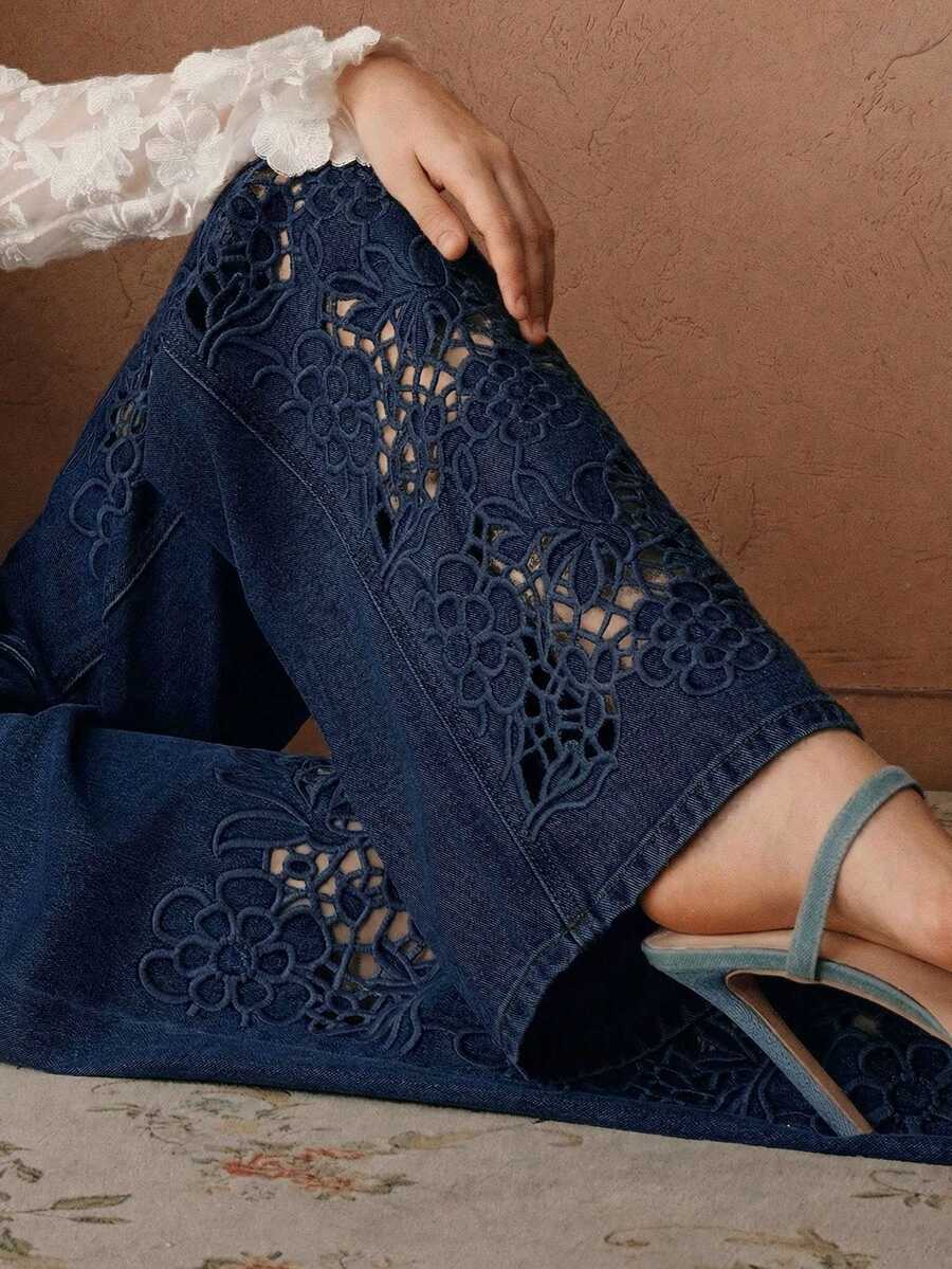 Anewsta Women's Elegant High-Waisted Embroidered Hollow-Out Loose Wide-Leg Jeans, Suitable For Spring Valentine's Day Party - Dark Wash - View 1
