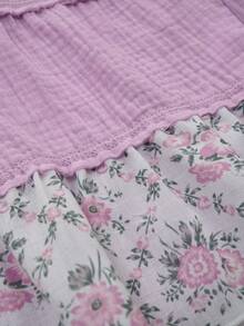 SoleilVie 夏季新款法式浪漫V领衬衫——质感褶皱面料搭配碎花拼接，双层荷叶边泡泡袖，刺绣饰边，短款廓形——甜美梦幻，适合约会和舒适的森林风日常穿着。 - 紫色 - 查看 8