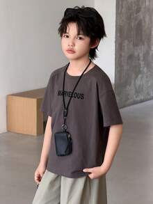 Dazy Kids Crew Neck Casual Cool Letter Print Oversized Boys T-Shirt - Dark Grey - View 5