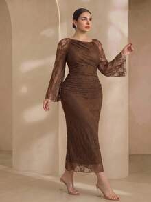 Graceveil Elegant Solid Color Lace Asymmetric Collar Long Sleeve Ruched Fitted Regular Spring/Summer Plus Size Dress - View 4