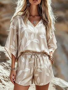 EMERY ROSE Minimalist Boho Leaf Print Plus Size Short Sleeve Shorts Set Vacation Beige Summer Beach - Khaki - View 3