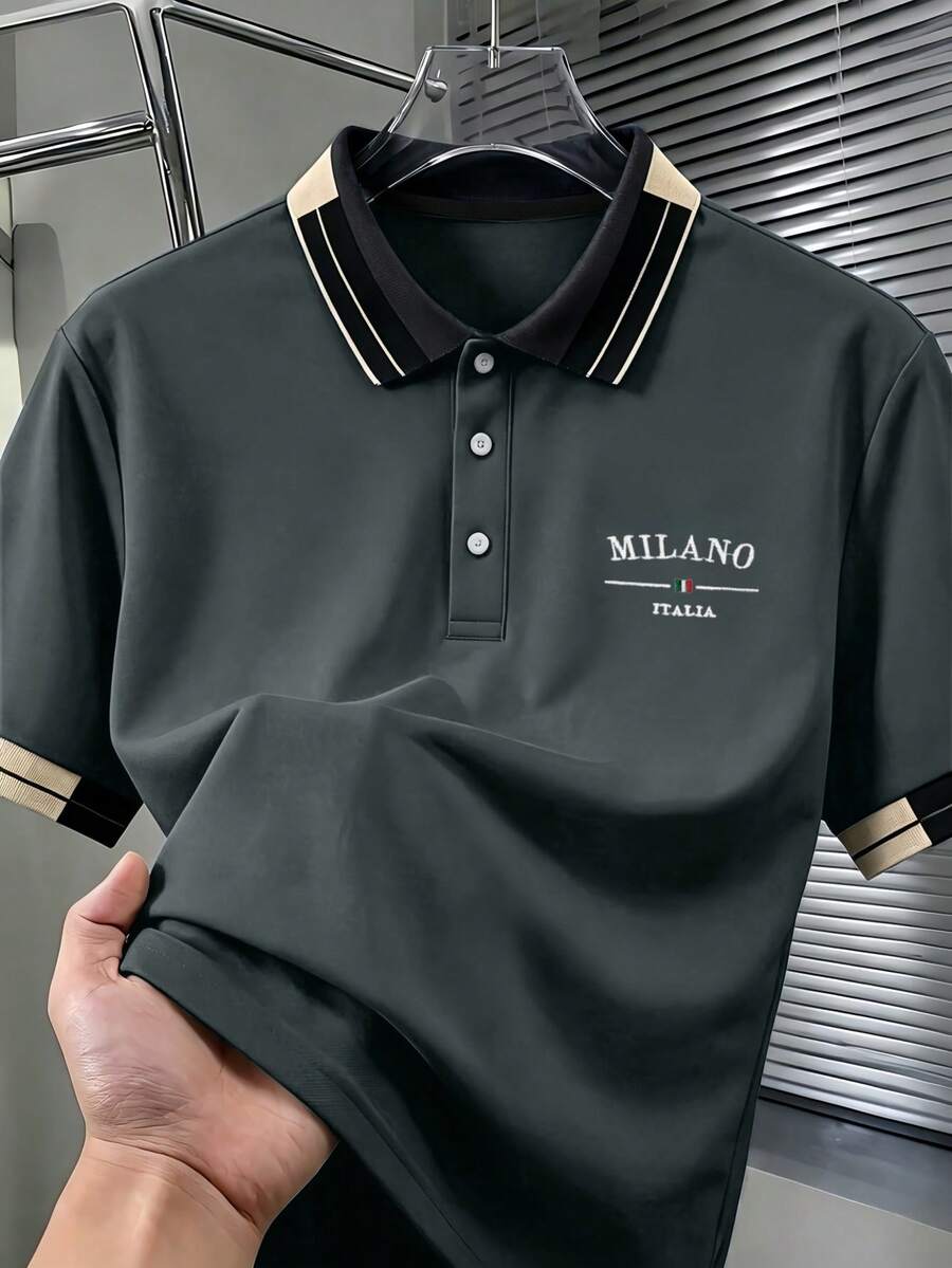 Manfinity Homme 男士珠飾刺繡羅紋領短袖休閒 Polo 衫,正式款 - 深灰色 - 查看 1