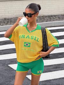 Muchica Áo len dệt kim khoét lỗ in chữ Brazil phối màu tương phản - Màu vàng - Xem 1