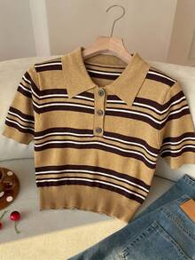 Muchica Regular-Shoulder Short Sleeve Half-Placket Casual Striped Knit Sweater - Camel - View 4