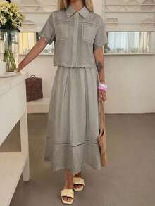 DAZY Spring/Summer Women's Elegant Lace Patchwork Pocket Shirt And Skirt 2 Pieces Set - Grey - View 5
