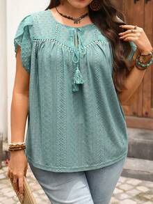 EMERY ROSE Plus Size Women Summer Casual Vacation Country Petal Sleeve Brown Blouse Top, Going Out Gym Outfits, Suitable For Summer Vacation, Boho Top - Green - View 5