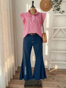 Rusticease Plus Size Women Plaid Ruched Casual Versatile Daily Wear Shirt  Summer Spring Clothing Country Style For Women - Hot Pink - View 5