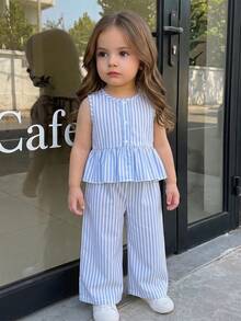 SHEIN 2pcs Baby Girl Cute Blue White Stripe Summer Clothes Set Sleeveless Peplum Tank Top & Wide Leg Pants Infant Toddler Family Matching Holiday Outfits - Blue - View 9