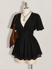 SHEIN ICON 女款夏季黑色極簡純色V領荷葉袖收腰迷你洋裝 - 黑色 - 查看 4