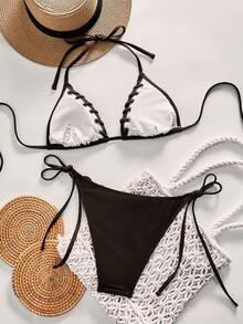 Swim SXY Women's Summer Beach Solid Color Keyhole Design Halter Tie Sexy Bikini Swimwear Set - Brown - View 7