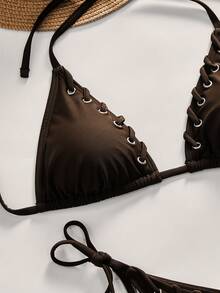 Swim SXY Women's Summer Beach Solid Color Keyhole Design Halter Tie Sexy Bikini Swimwear Set - Brown - View 8