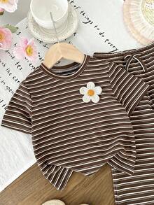 LMoss Kids 女童夏季休闲条纹印花圆领短袖T恤和喇叭裤套装 - 棕色 - 查看 4