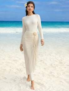 Swim Shayni Women's Beige Floral Decor Ribbon Bohemian Style Elegant 3 PiecesBurkini Set, Full Coverage, Dignified And Youthful, Spring/Summer - Beige - View 3