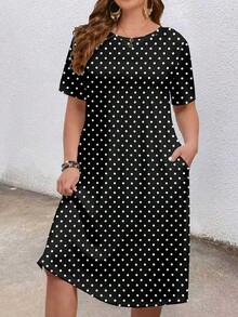 EMERY ROSE Plus Size Round Neck Short Sleeve Casual Dress With Pockets, Loose Polka Dot, Summer  Casual Dresses For Women - Multicolor - View 3