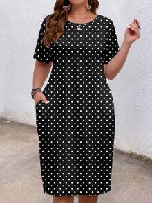 EMERY ROSE Plus Size Round Neck Short Sleeve Casual Dress With Pockets, Loose Polka Dot, Summer  Casual Dresses For Women - Multicolor - View 4