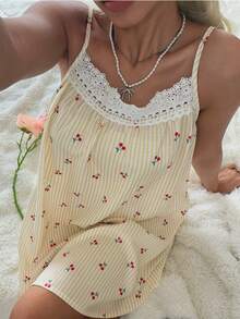 CottageSlumber Romantic Embroidered Lace Ruffled Slip Dress For Women - Yellow - View 8