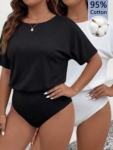 SHEIN PETITE CURVE 大尺碼女款休閒連身衣，黑白配色，秋季，簡約休閒，日常，優雅小巧連身衣適用於日常、派對、婚禮、度假，Y2K風格 - 黑與白 - 查看 3