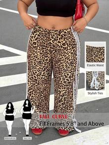 SHEIN Tall CURVE 大尺碼女款休閒對比條紋側邊豹紋寬腿褲，秋季、哥德風、度假、夏季海灘單車度假、優雅時尚、上班穿搭 - 棕色 - 查看 4