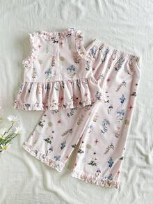 Vintaside Kids 少女夏季多彩甜美清新花卉裝飾圖案無袖背心上衣與長褲套裝，優雅荷葉邊飾，適合日常出遊、休閒聚會、朋友聚會及度假旅行 - 彩色 - 查看 2