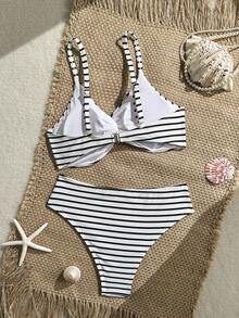 Swim SXY Women's Summer Beach Striped Twist Design Sexy Bikini Swimwear Set - Black and White - View 3