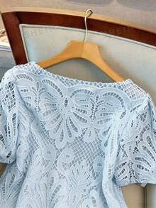 GlowEve CURVE Fashionable Elegant Square Collar Short Sleeve White Hollow Lace Blouse, Spring/Summer Plus Size - Baby Blue - View 5