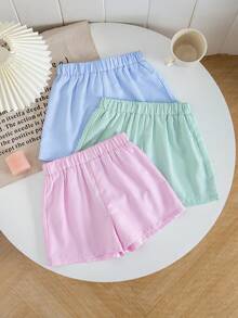 SHEIN 3件套少女条纹休闲短裤套装 - 綠色 - 查看 5