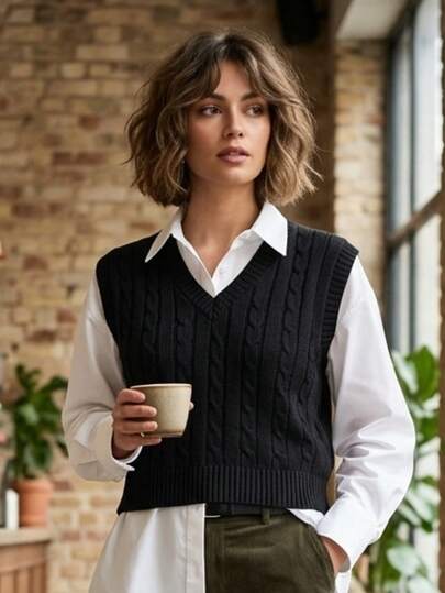 Chaleco de Punto para Mujer con Cuello en V y Detalle de Tejido en Trenzas - Suéter sin Mangas con Patrón de Ochos y Textura de Punto Grueso de Alta Calidad - Prenda de Abrigo para Superposición de Capas con Estilo Clásico y Atemporal - Chaleco Tejido con Acabado Artesanal y Tacto Suave - Ropa de Invierno con Diseño de Trenzado Tradicional para Uso Diario y Profesional - Accesorio de Vestir Sofisticado con Corte Relajado y Ajuste Cómodo - Calidad Profesional - Confort Térmico - Elegancia Tejida