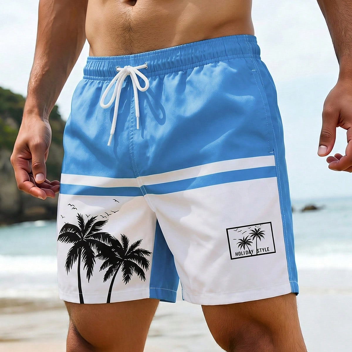 Pantalones cortos de playa casuales con cordón y estampado de árboles de coco para hombres