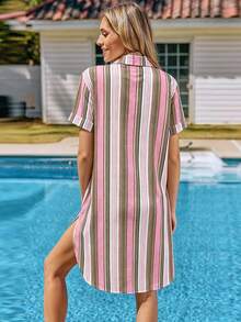 SHEIN Holidaya Women's V-Neck Pink And White Striped Shirt Dress, Summer Loose Straight Knee-Length Casual Tropical, Vacation, Holiday Blouse Dress, Versatile Beach - Multicolor - View 2