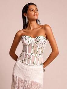 SHEIN Glamour Women's Botanical Embroidered Mesh Bustier Top - White - View 6