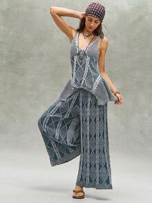 Bohemela Vintage Mixed Yarn Knitted Sweater & Pants Set - Blue and White - View 6