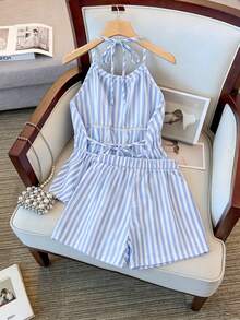 Franclia Nuevo conjunto de 2 piezas de shorts acampanados de talle alto a rayas azules de talla grande, conjunto informal de 2 piezas con top halter corto y shorts con volantes y espalda descubierta, conjunto informal y elegante de 2 piezas adecuado para viajes, ir al trabajo, vacaciones y citas - Azul - Ver 2